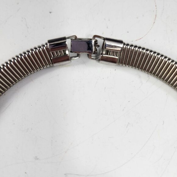 Choker Necklace Black Inset 1980s Deco Stainless Chrome Collar Snake Metal Coil - Picture 7 of 8